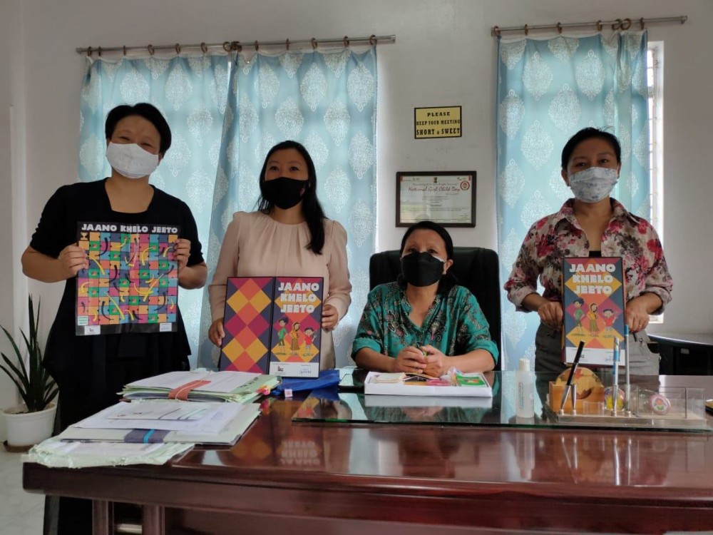 Sarah Ritse, Commissioner & Secretary along with State team leader BPP, Juliana Medon and SRCE officials during the launch of Jaano Khelo Jeeto.